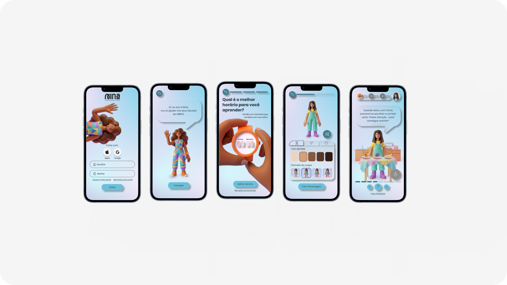 Cinco telas do aplicativo Nina: login, apresentação da personagem, escolha do horário de estudo, customização do personagem e tela inicial