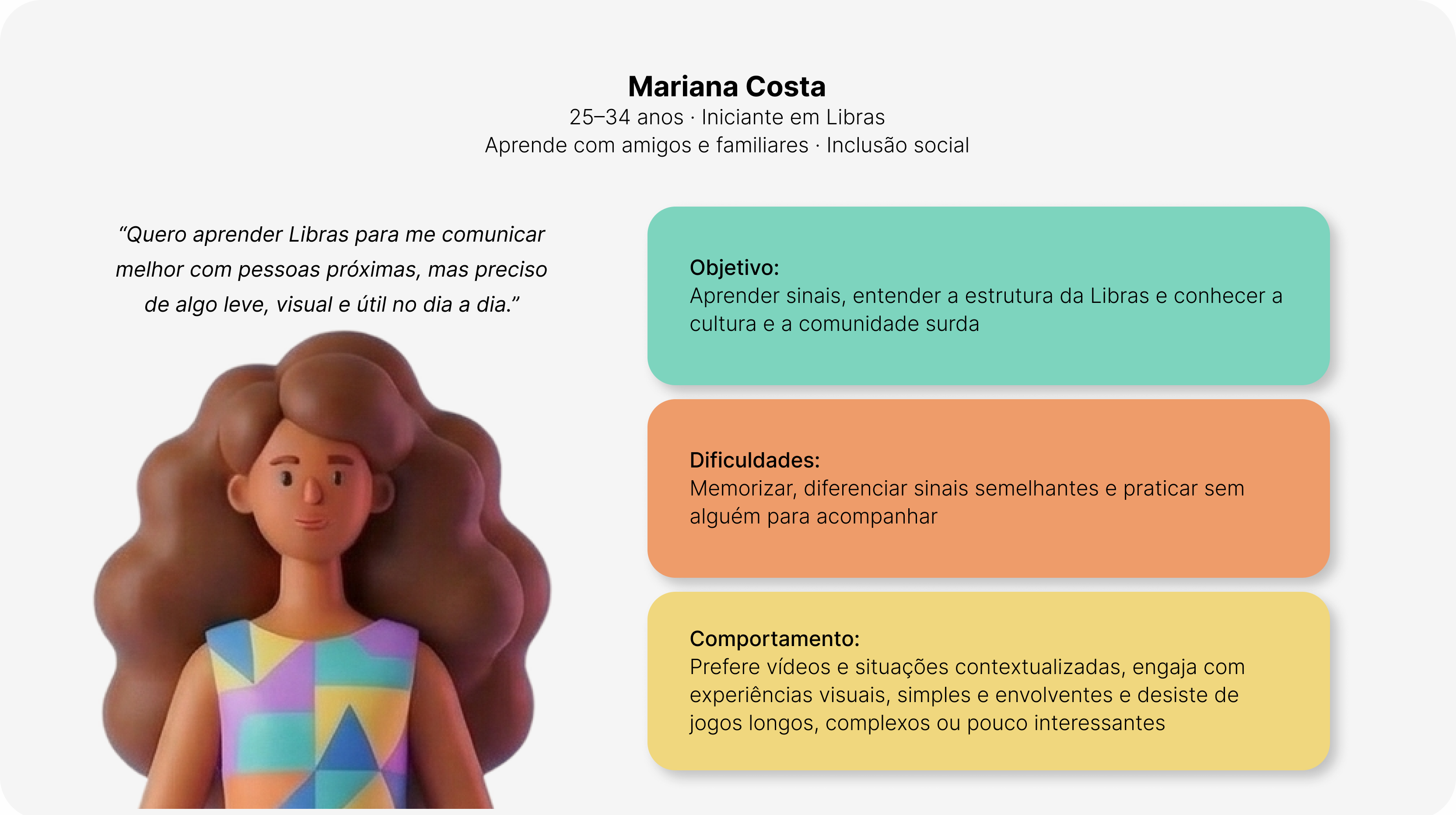 Mariana Costa, 25–34 anos, iniciante em Libras, aprende com amigos e familiares por inclusão social. Citação: “Quero aprender Libras para me comunicar melhor com pessoas próximas, mas preciso de algo leve, visual e útil no dia a dia.” Objetivo: aprender sinais, entender a estrutura da Libras e conhecer a cultura e a comunidade surda. Dificuldades: memorizar, diferenciar sinais semelhantes e praticar sem alguém para acompanhar. Comportamento: prefere vídeos e situações contextualizadas, engaja com experiências visuais, simples e envolventes e desiste de jogos longos, complexos ou pouco interessantes.