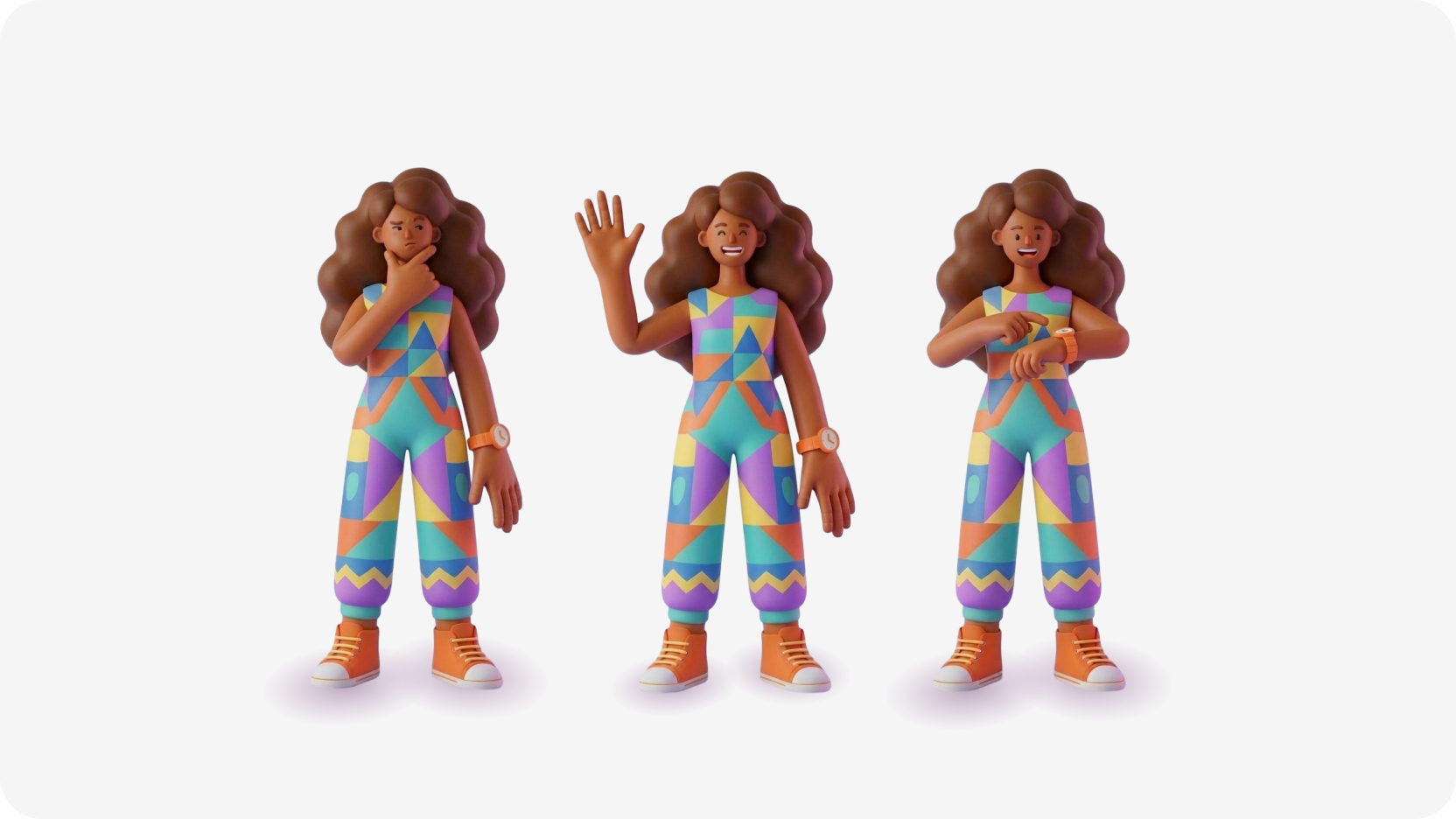 Personagem Nina em estilo Flat 3D em três poses: pensativa, acenando e apontando o relógio