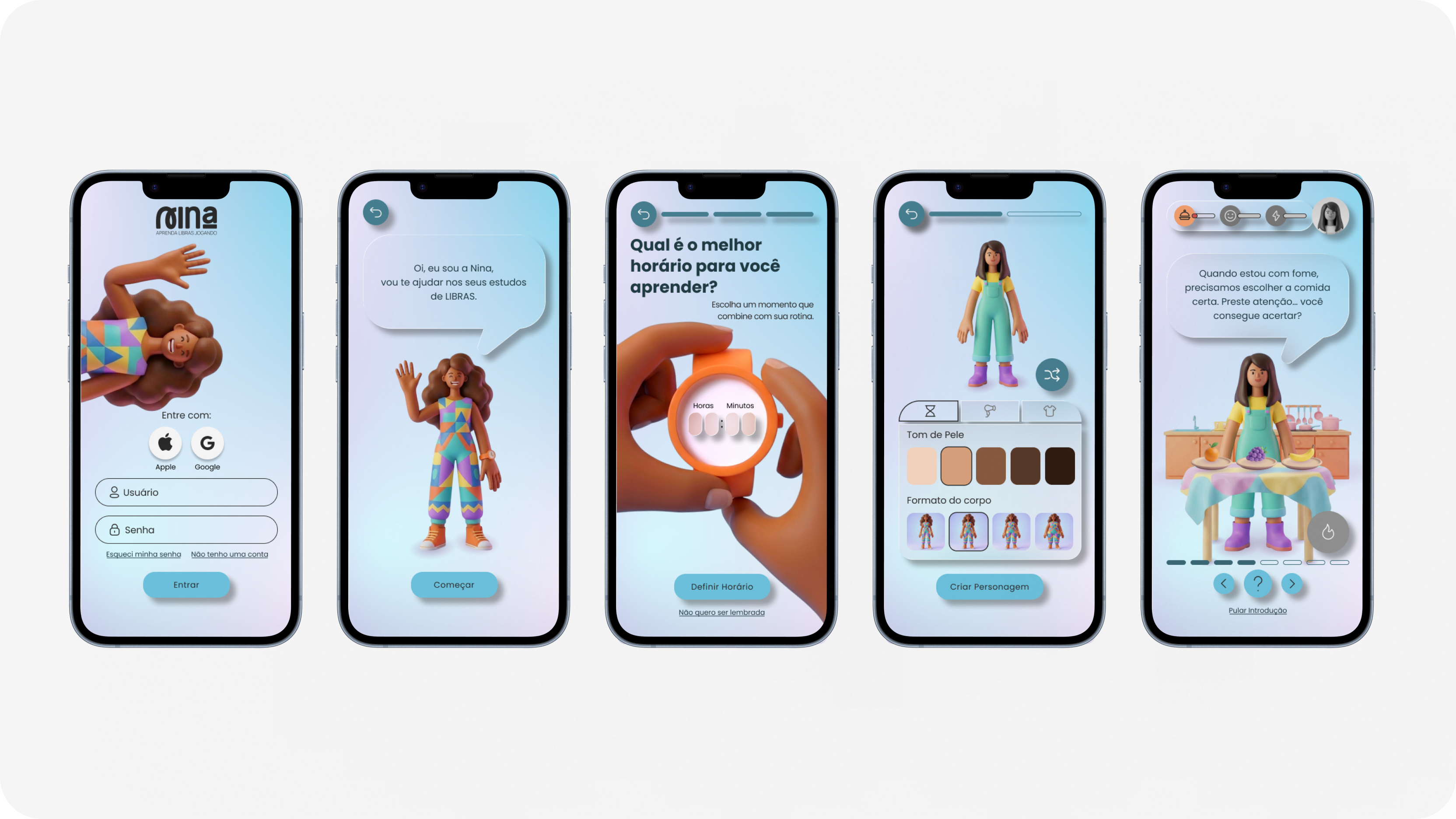 Cinco telas do protótipo de alta fidelidade do onboarding: login, boas-vindas à Nina, configuração de horário de estudos, seleção de características do personagem e perfil da Nina