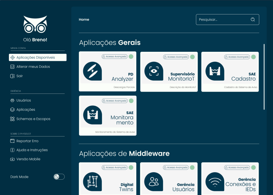Tela inicial de aplicações do Physis, com visual claramente diferente do Supervisório MonitorIoT