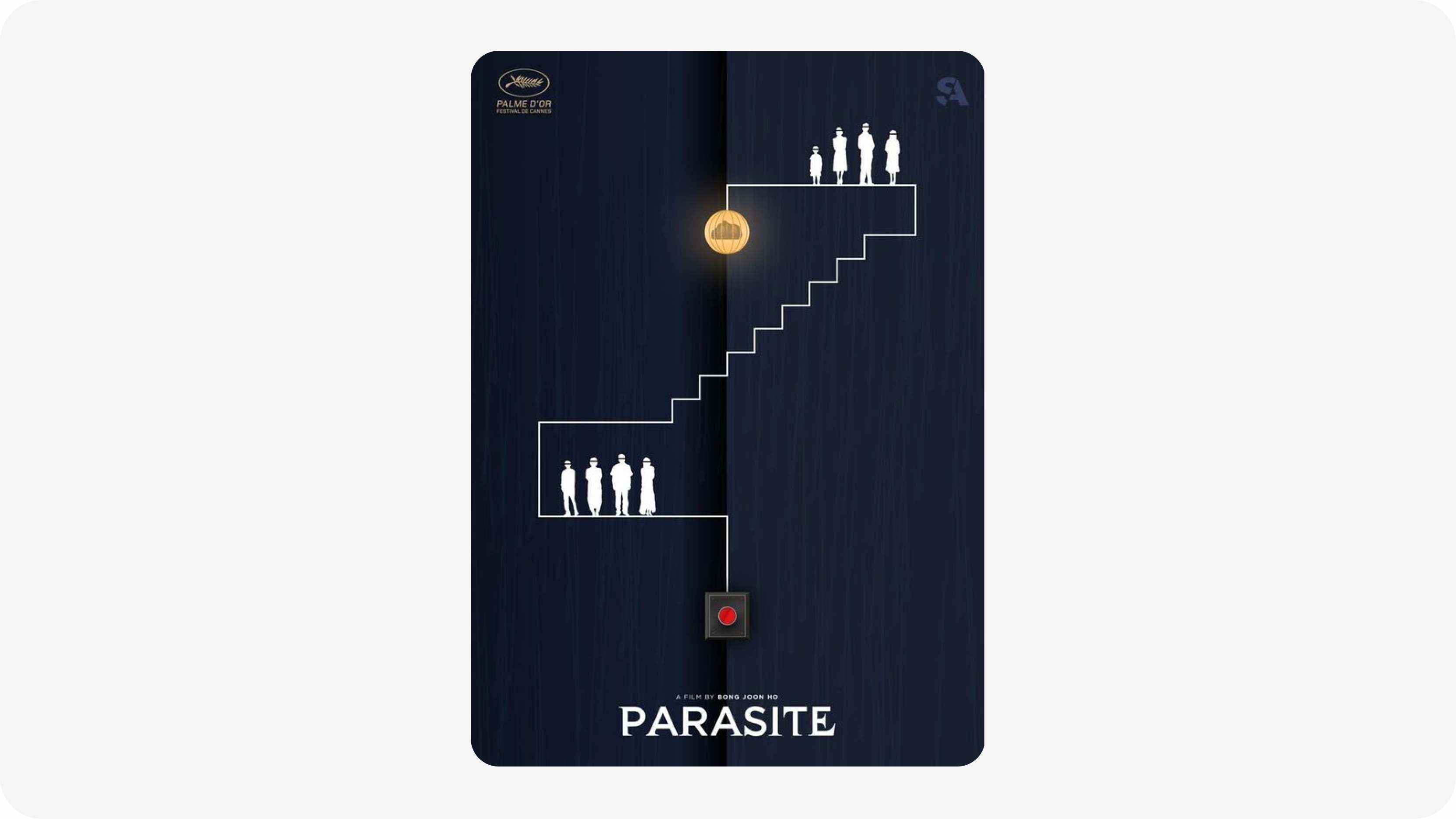 Pôster oficial de referência do filme Parasita, com a escadaria dividindo as duas famílias