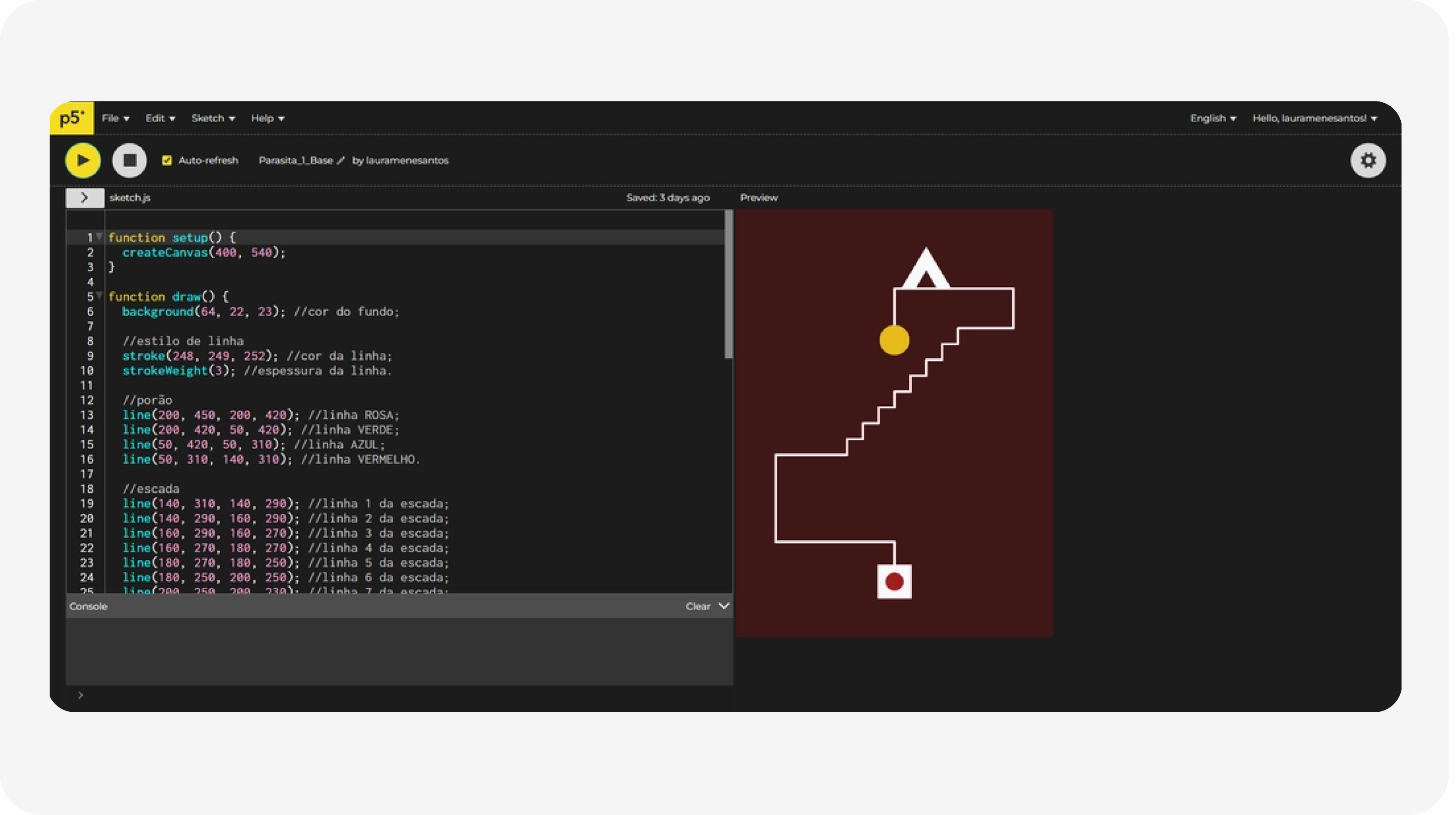 Editor de código P5.js com o esboço base do pôster: escadaria, tenda e ponto amarelo
